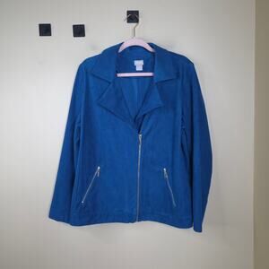 Chico's Blue Faux Suede Zip Front Moto Jacket Size 12/14